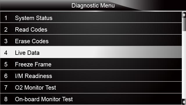Figure 5-9 Sample Diagnostic Menu Screen 2. Select Complete List from the menu and press the ENTER key to display the datastream screen Figure 5-10 Sample Live Data Menu Screen 3.