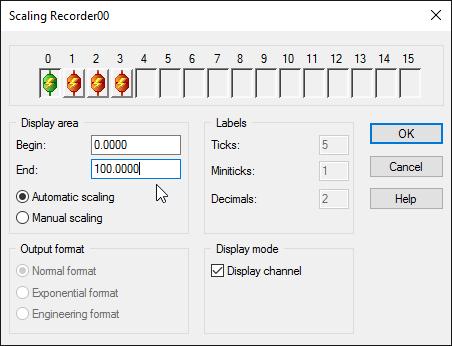 Create a Chart Recorder module in the same way. Select the Chart Recorder from the Display group and drag it onto the work area, to the right of the Bar Graph.