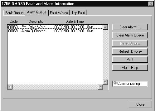 Drive Module Alarm Queue Tab The Alarm Queue - a list of alarm codes, descriptions and the times they occurred Click here to clear