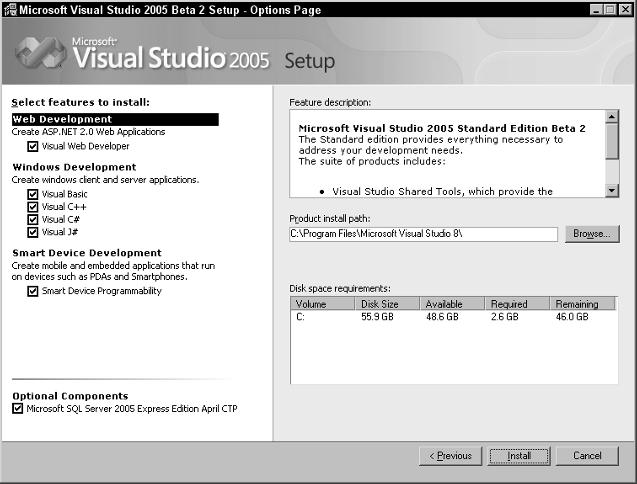 Welcome to Visual Basic 2005 Figure 1-2 5. After you have chosen all the features you want, click Install. Installation will begin and you can sit back and relax for a bit.