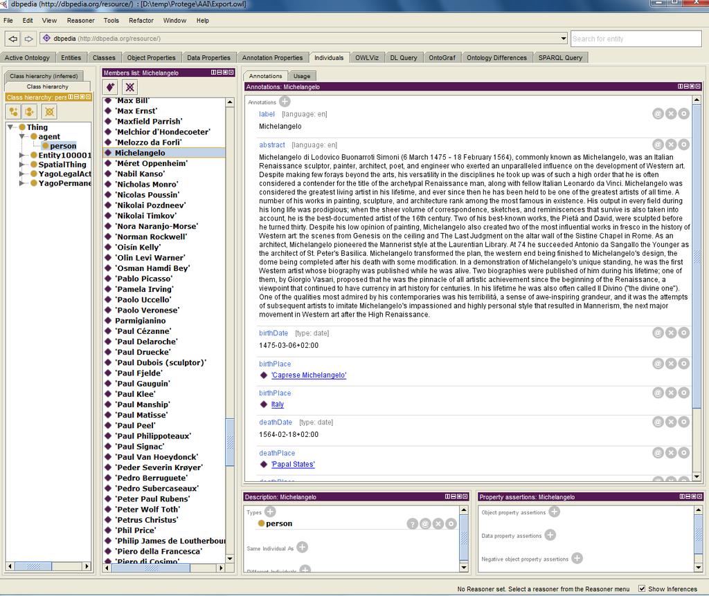 Arts Ontology in Protege Arts Ontology Custom subset of Dbpedia 4 MB ca. 1.