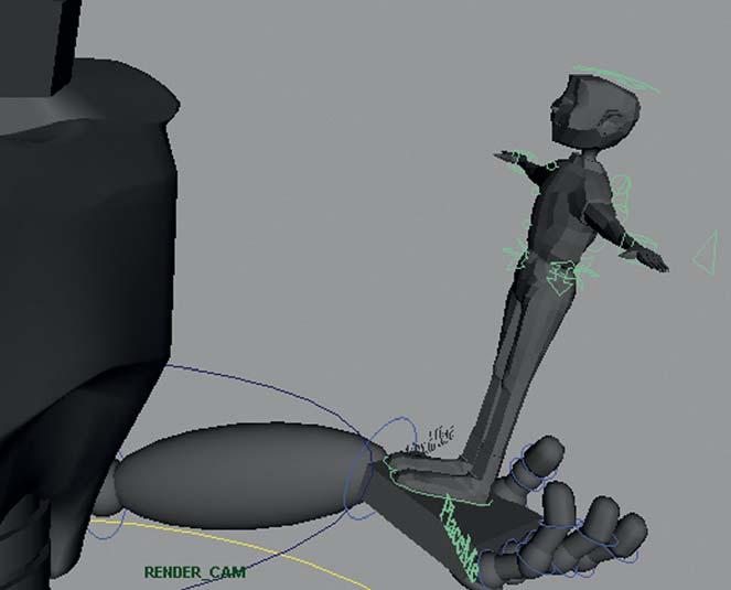 Chapter 3 3D CHARACTER LEADS 2D CHARACTER 57 FIGURE 3.5 Roy stand-in put in Rob Robot s hand for frame 1. b.