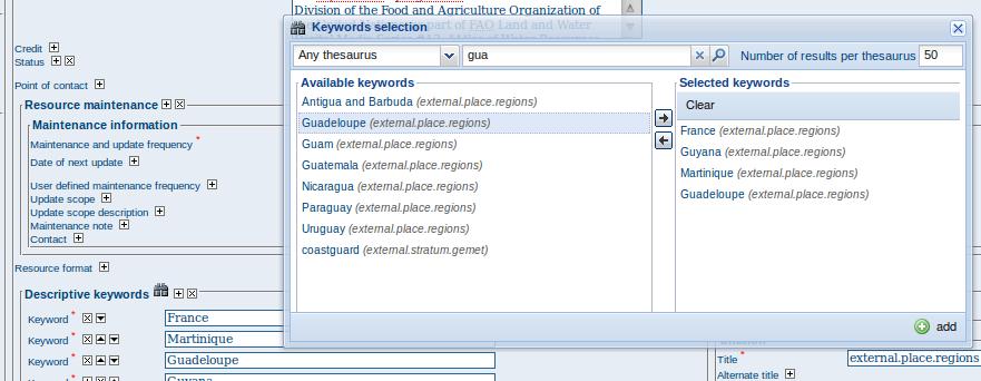 Editor need to select keyword from a thesaurus with spatial information. The name is added to the extent description field.