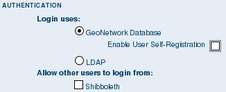 Figure 3.5: Authentication configuration options You may choose to authenticate logins against either the GeoNetwork database tables or LDAP (the lightweight directory access protocol) but not both.