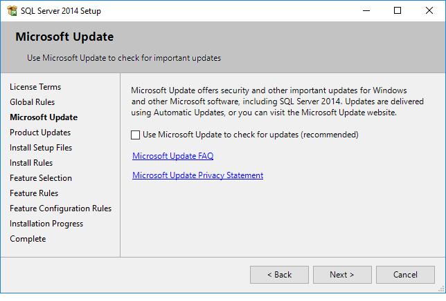 6 shows the check box selected). Figure 2.6 Microsoft Update 1. In the Microsoft Update window, select the Use Microsoft Update to check for updates (recommended) check box, then click Next. 2. In the resulting Product Updates window, select the Include SQL Server product updates check box and click Next.