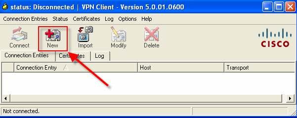 Configuration 1. After restarting your PC a. Click the Start Button b. Choose Programs -> Cisco Systems VPN Client -> VPN Client 2. To begin configuring the CKHS connection, click New 3.