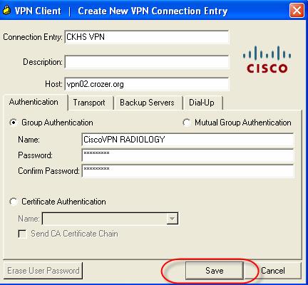 The Create New VPN Connection Entry dialog box appears. Please enter the following information, all data is CASE SENSITIVE! Connection Entry: CKHS VPN Host: vpn02.crozer.