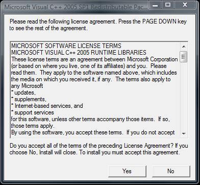 Read and accept the license agreement for Microsoft Visual C++ 2005 Redistributable Package (Figure 10). Figure 10. Microsoft Visual C++ 2005 SP1 Redistributable Package License Terms.