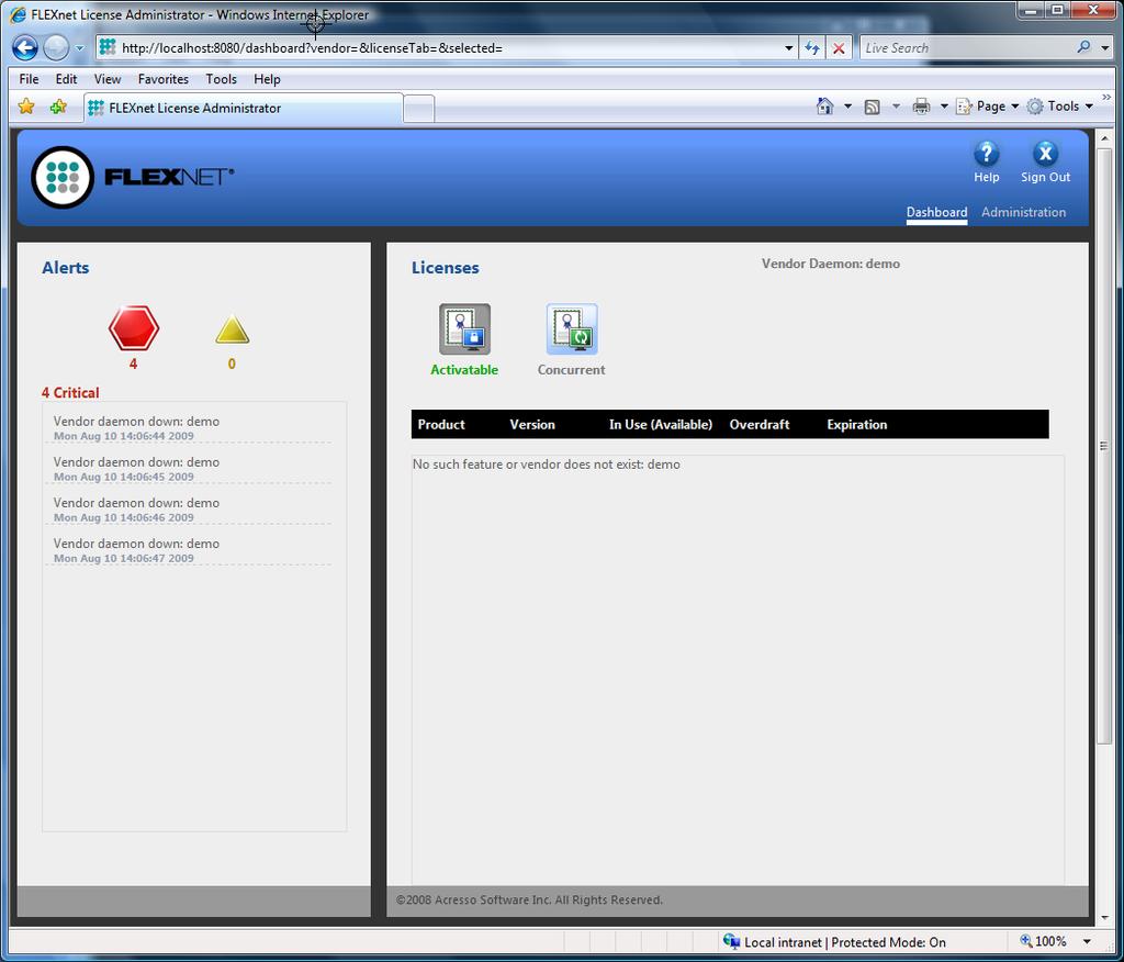 Figure 14. The FLEXnet License Administrator Dashboard. Once LMADMIN has been installed and the license server is running, you will need to install the EAGLE vendor daemon and the EAGLE License File.