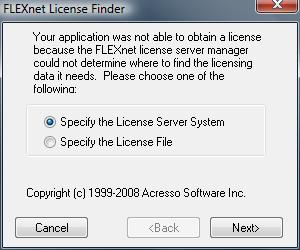 Figure 23. FLEXnet License Finder. They should choose SPECIFY THE LICENSE SERVER SYSTEM and click NEXT. They will then be prompted to type in the name of the license server (Figure 24).