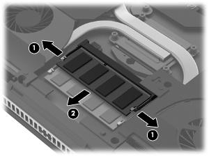 2. Remove the memory module (2) by pulling it away from the slot at an angle.