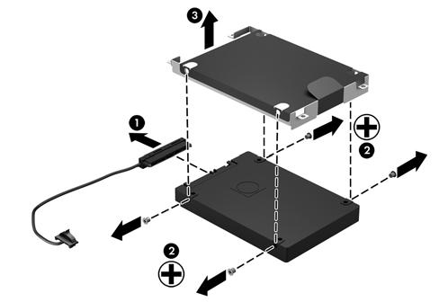 5. If it is necessary to replace the hard drive cable (1), screws (2), or bracket