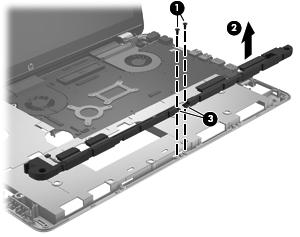 Remove the Card Reader board: 1. Remove the two Phillips PM2.5 6.4 shoulder screws (1) that secure the front speakers to the base enclosure. 2. Remove the front speakers (2).