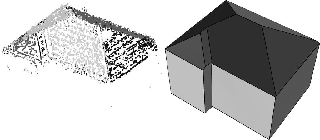 Detailed model of a building determined by piecewise intersection of planar faces based on the segmentation shown in Figure 2. The second example was derived from a matched point cloud.