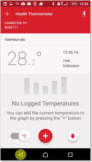 Try the Built-in Demo Using an Android Mobile Phone Step 5 Test the temperature sensor by pressing your finger on top of the sensor on the WSTK Main Board as shown in figure.