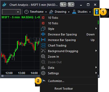 In TradeStation 10, to add a Timeframe button to your toolbar: 1.