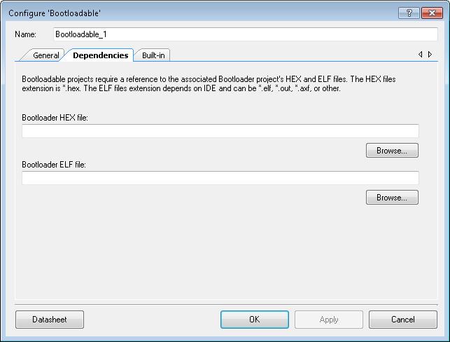 PSoC Creator Component Datasheet Bootloader and Bootloadable Dependencies Tab The Dependencies tab of the Bootloadable Component contains the following parameters: Bootloader HEX file This option