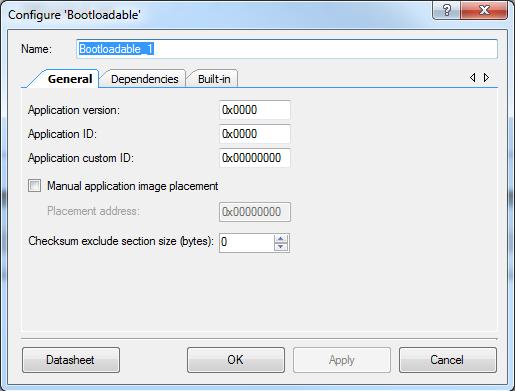 PSoC Creator Component Datasheet Bootloadable Component Parameters Drag a Bootloadable component onto your design and double-click it to open the Configure dialog.