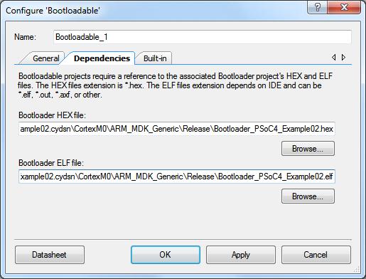 PSoC Creator Component Datasheet Dependencies Tab The Dependencies tab of the Bootloadable component contains the following parameters: Bootloader HEX file This option allows you to associate a