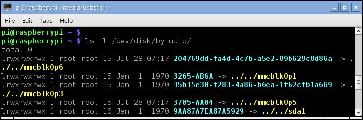 If for some reason you need to find out this information manually just type in ls -l /dev/disk/by-uuid/ The usb memory stick is the last entry (sda1).