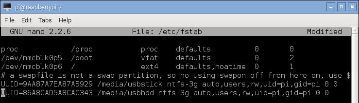 Add the automatic mounting of the usb hard disk to the fstab file by typing sudo nano /etc/fstab Add the following line to the end of the file; UUID=86A8CAD5A8CAC343 /media/usbhdd ntfs-3g