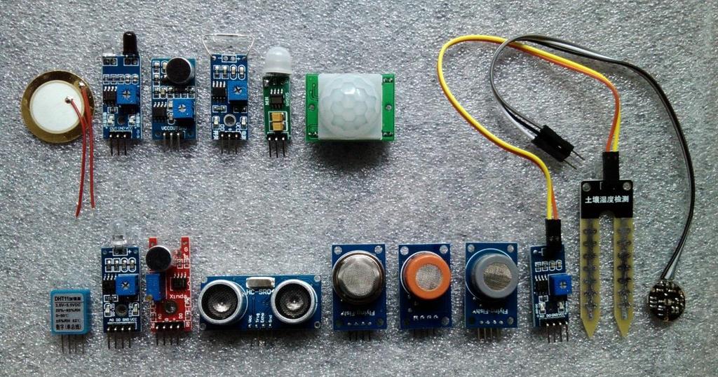 Sensors piezo, obstacle sensor, LM393 mic-sensor, magnetron, HC-SR505 and HS-SR501 motion sensors DHT11 temperature-humidity sensor, LM393 light-diod