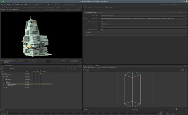 You see the bounding box of the CityEngine model (in other words, the top level of the Alembic file). d. Press P to render the scene. You see the RenderMan output in the monitor. e.