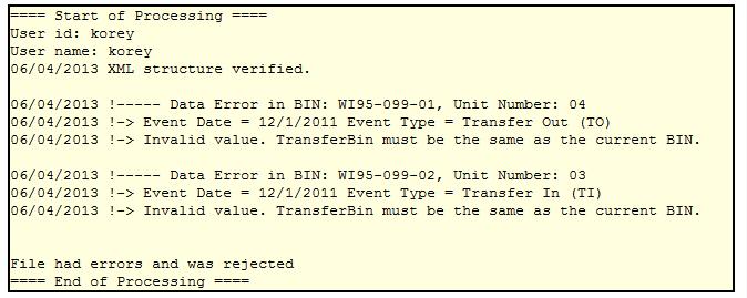 Example 1 Message: Data Error in BIN-Invalid Value Example 1 Explanation: Transfers may only occur between units in the same building.