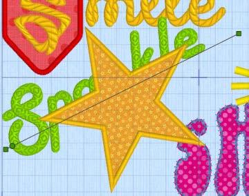 Use the circle handle to change where the word starts on the line. 93. Change the word Sparkle until it is at the same angle as the star applique. 94.