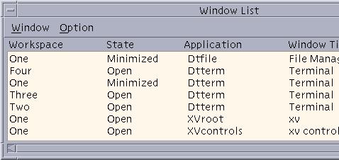 FIGURE 3 4 Graphical Workspace Manager Options Dialog Box Window List The Window List displays information about all windows across the CDE workspaces.