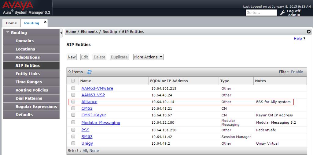 The following screen shows the SIP Entities page