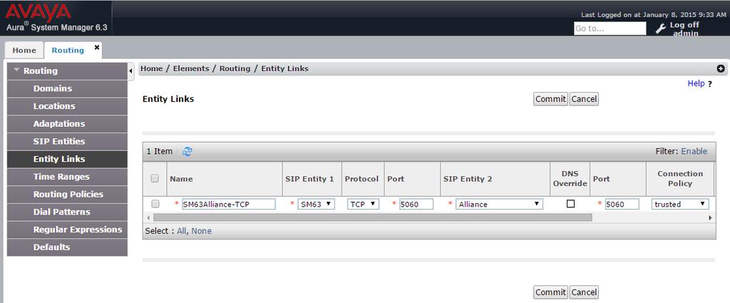 6.4. Administer Entity Links Select Routing Entity Links from the left pane, and click New in the subsequent screen (not shown) to add a new entity link for IPC. The Entity Links screen is displayed.
