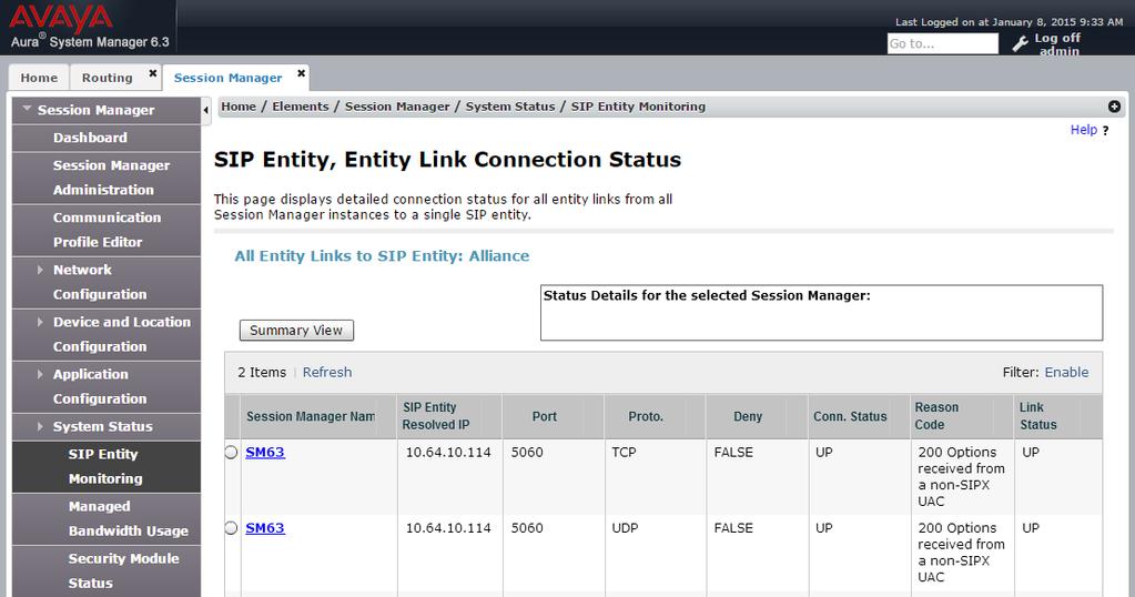 The SIP Entity, Entity Link Connection Status screen is displayed.