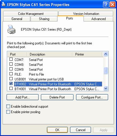 Step 4 : From Ports page, Windows XP has assigned a virtual printer port - BTH002 to your EPSON Stylus C61 series (RD_Dept) printer.