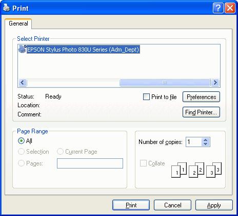 For EPSON Stylus C61 series (RD_Dept) : When page range and number of copies screen prompts, select EPSON Stylus C61 series (RD_Dept) printer, then click OK.
