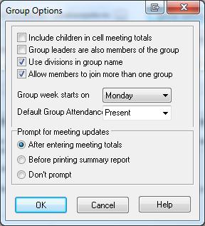 Getting Started The Group Options screen contains preferences for your small groups: If you want children included in your small group meeting totals, then check the first box.