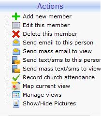 Getting Around Actions Menu The Action menu on the left, shows all the actions you can perform for the given module: For example, in the Member module, you will see new actions for sending email,