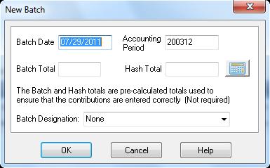 Contributions Enter the date for this batch, and verify that the displayed accounting period is correct. You may change the accounting period for the batch if necessary.