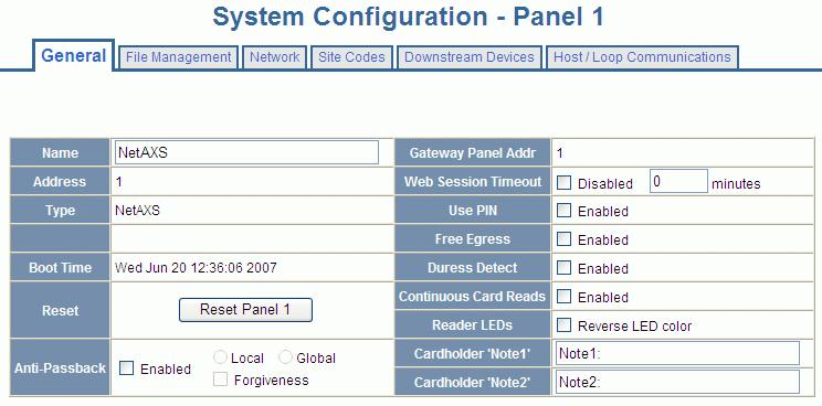 Configuring the System 2.2 Configuring the System Click Configuration > System in the NetAXS menu to display the System Configuration (General) screen: 2.2.1 General Tab The General Tab enables you to: Set the general configuration settings.