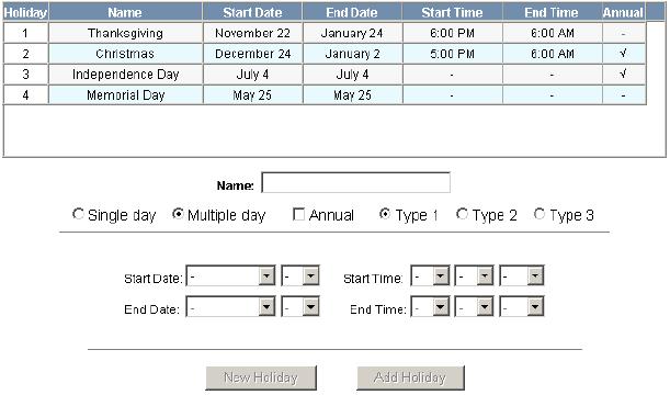 Configuring Time Management 2.3.3 Holidays Tab Holidays are days when no work is scheduled at the facility. These holidays are used in time zone configuration (see Time Zones Tab on page 17).
