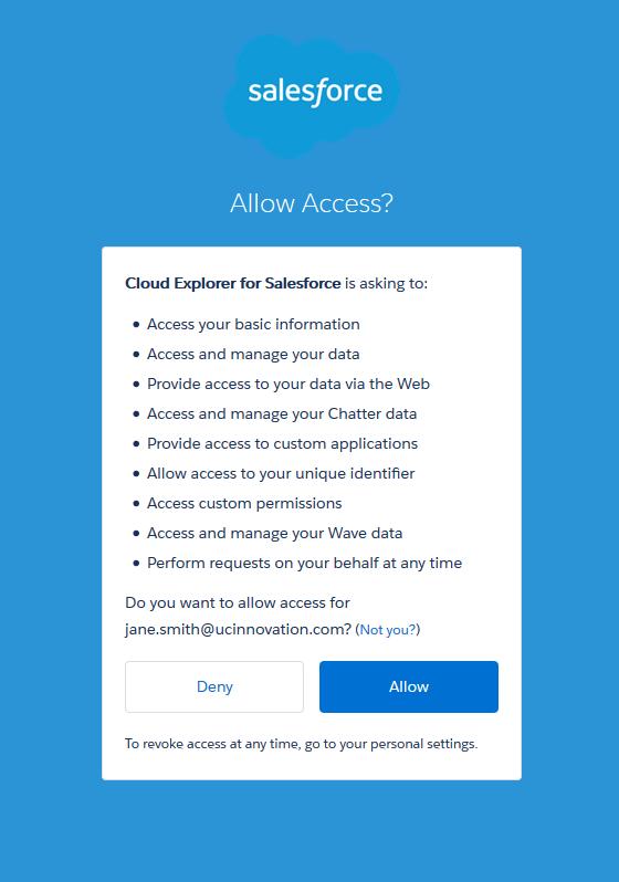 4. Click Allow to allow Cloud Explorer to access your Salesforce instance. 5.