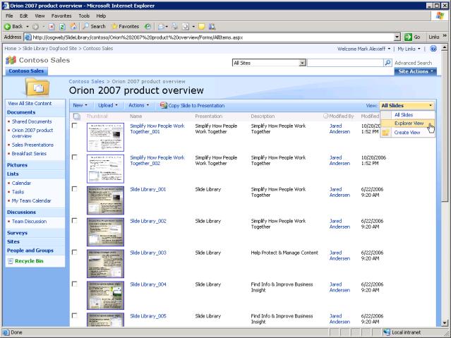 upload each slide via a browser. In addition, to get slides from the Slide Library into PowerPoint 2003 multiple dialog boxes must be navigated.
