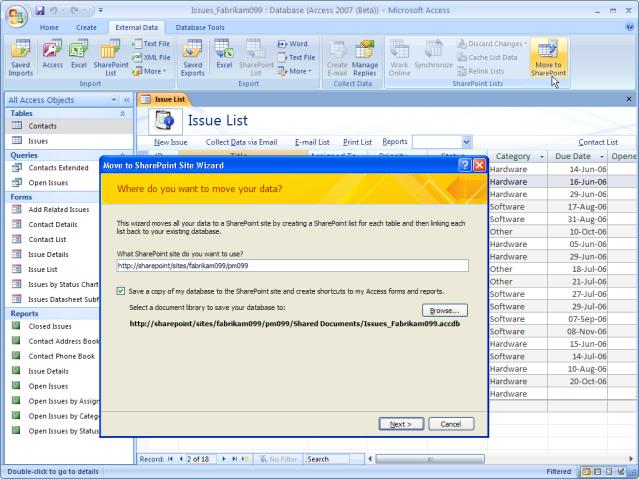 By contrast, Access 2007 enables the entire database including tables, forms, reports to be moved to the SharePoint site in one streamlined process.