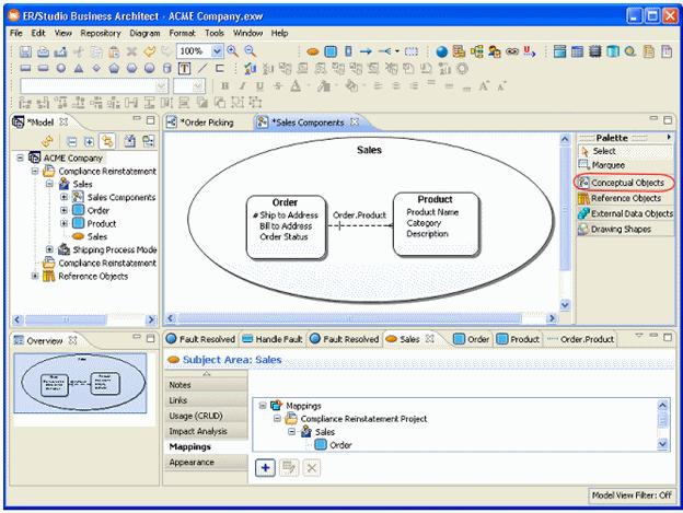 TUTORIALS > SESSION 2: UNDERSTANDING THE ER/STUDIO BA INFRASTRUCTURE The second graphic shows a Conceptual Model workspace, project, model, and diagram with a Conceptual Objects palette.