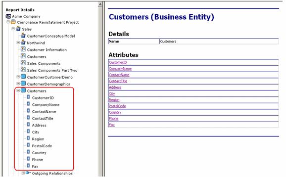 TUTORIALS > SESSION 18: USING THE WEB REPORT 6 lf you click on an object, for example the "Customers" Business Entity object, two tables are
