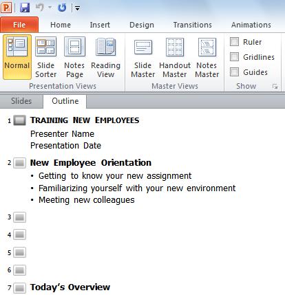 SLIDES/OUTLINE PANE This pane can be used to quickly navigate to different slides in your presentation or (in Outline view) give quick access to the