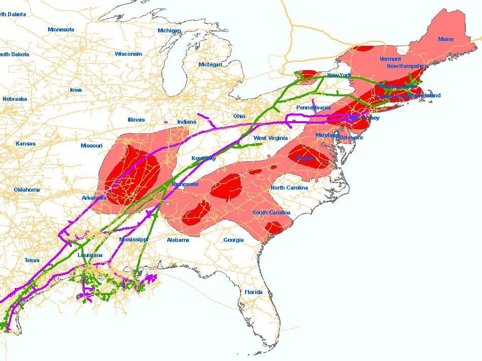 Earthquake- Vulnerable Regions KEY Tennessee Gas Texas Eastern