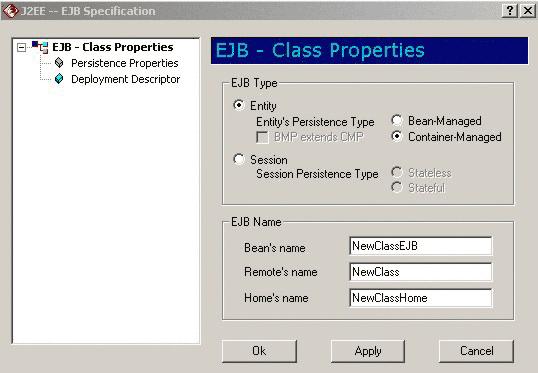 Figure 9: EJB Configuration -- Class Properties Dialog Clicking on Persistence Properties on the left side brings up the Persistence Properties