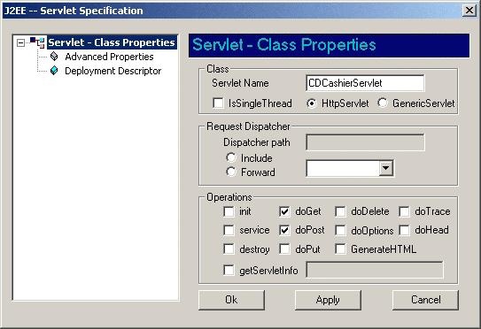 Figure 6: Servlet Configuration -- Class Properties Dialog In the Class Properties dialog, you can specify the name of the servlet, whether it is based on the generic servlet or the http servlet