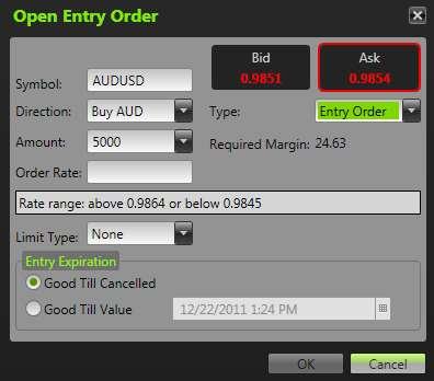 4.3 Placing an Entry Order Sometimes, when you wish to enter the market at a specified rate other than the current market price you can place an entry order.